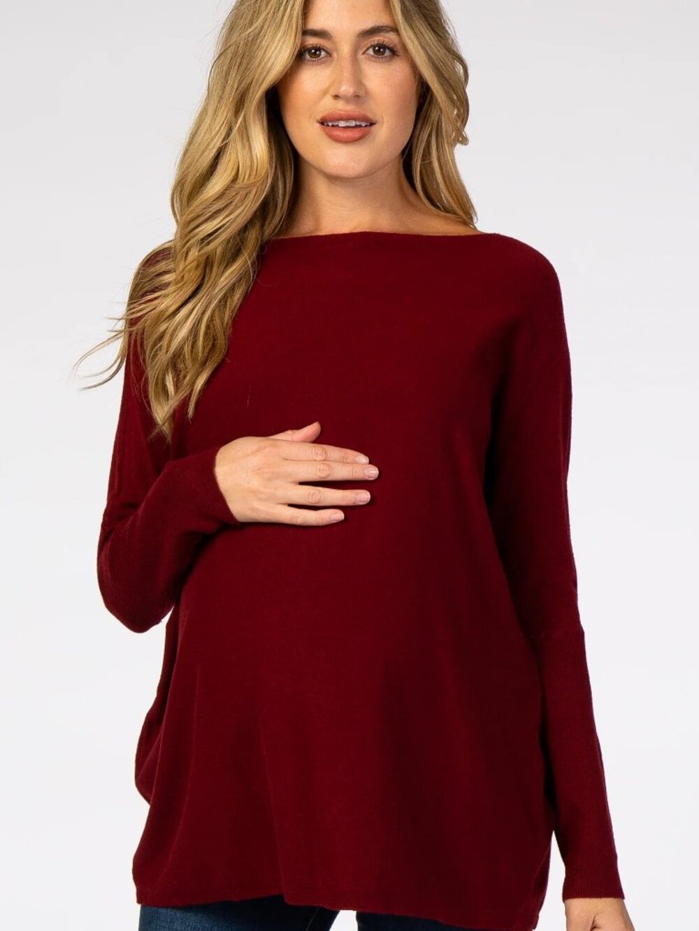 Burgundy Soft Knit Boatneck Dolman Sleeve Maternity Sweater